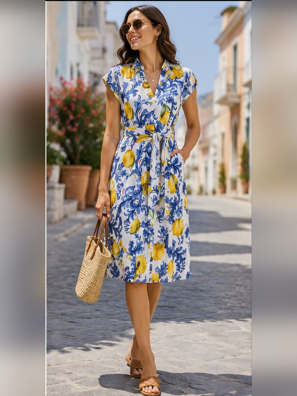 Vanity Italy 100% Linen Lemon Print Midi Dress Blue White Tie Waist Made in...